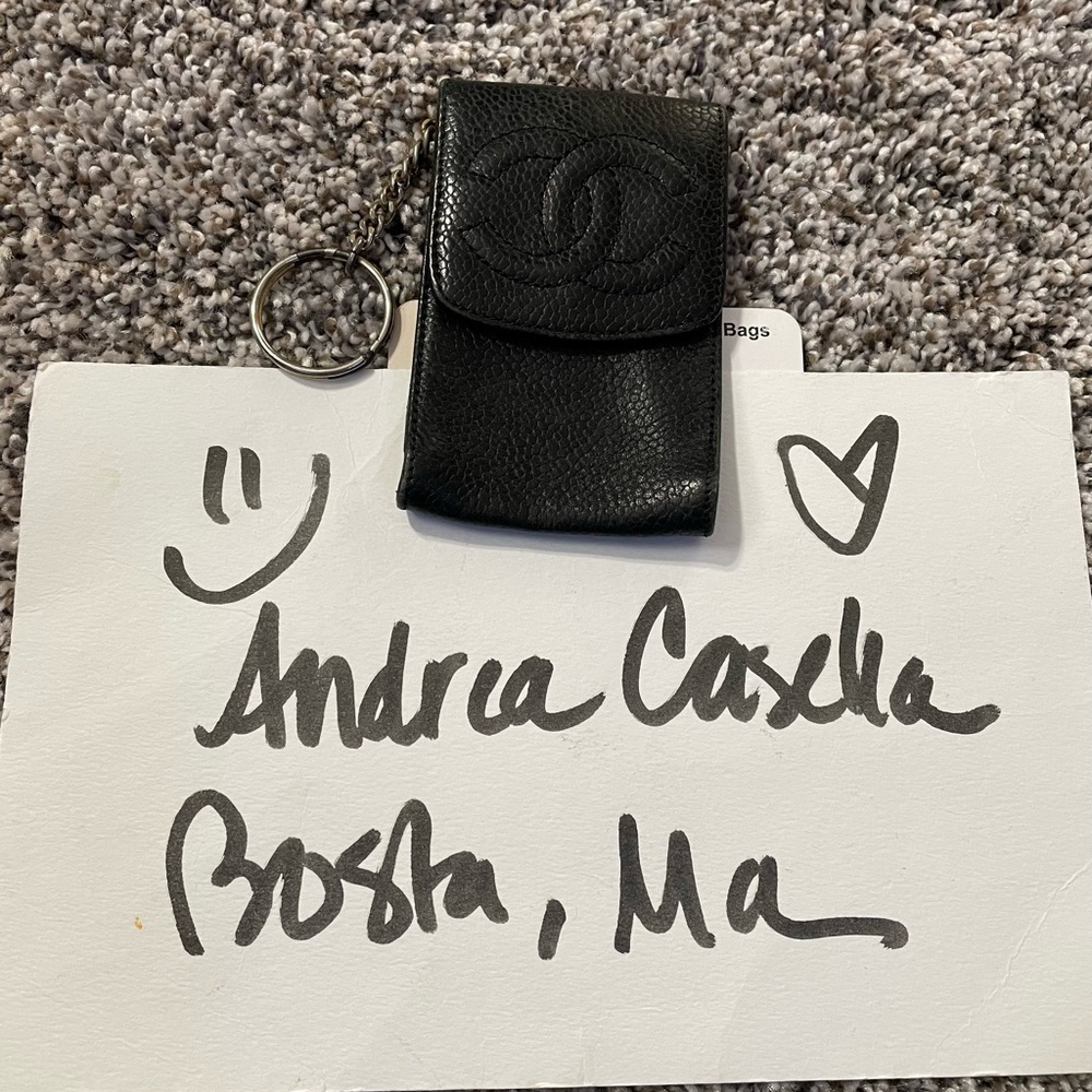 Authentic Chanel caviar black leather keychain case
